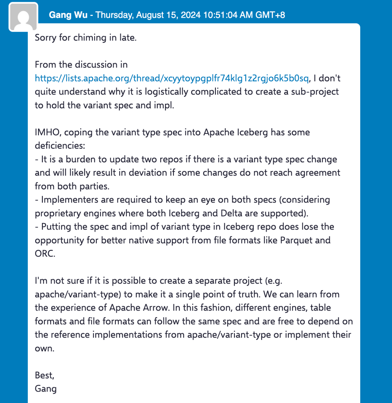 我在邮件列表上提出异议,是 Variant 标准最终落户 Parquet 社区的转折点
