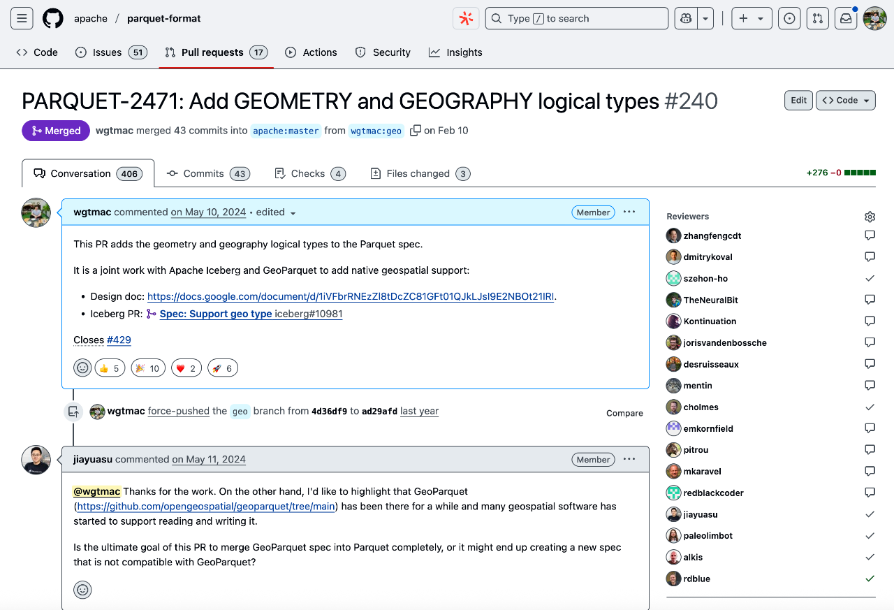 我在 Parquet 标准中加入地理空间类型的 PR,经过多轮讨论和修改,历时九个月终于被合并